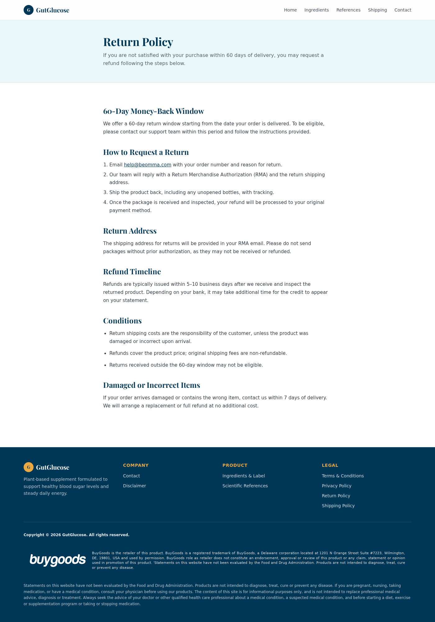 GutGlucose return policy requiring an RMA before the return address is provided
