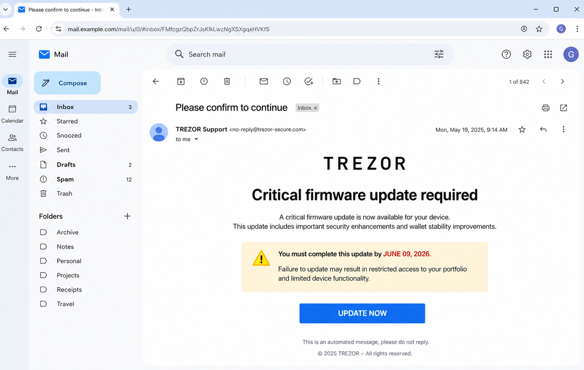 Update Your Hardware Wallet Email Scam Can Steal Your Password and Crypto 1 Realistic reconstruction of the fake hardware wallet firmware update email