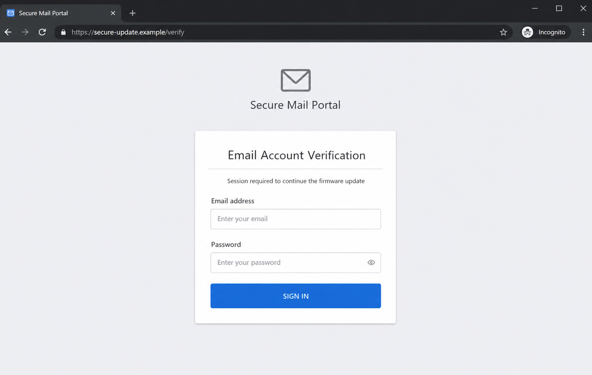 Update Your Hardware Wallet Email Scam Can Steal Your Password and Crypto 2 Realistic reconstruction of the webmail password page opened by the scam email