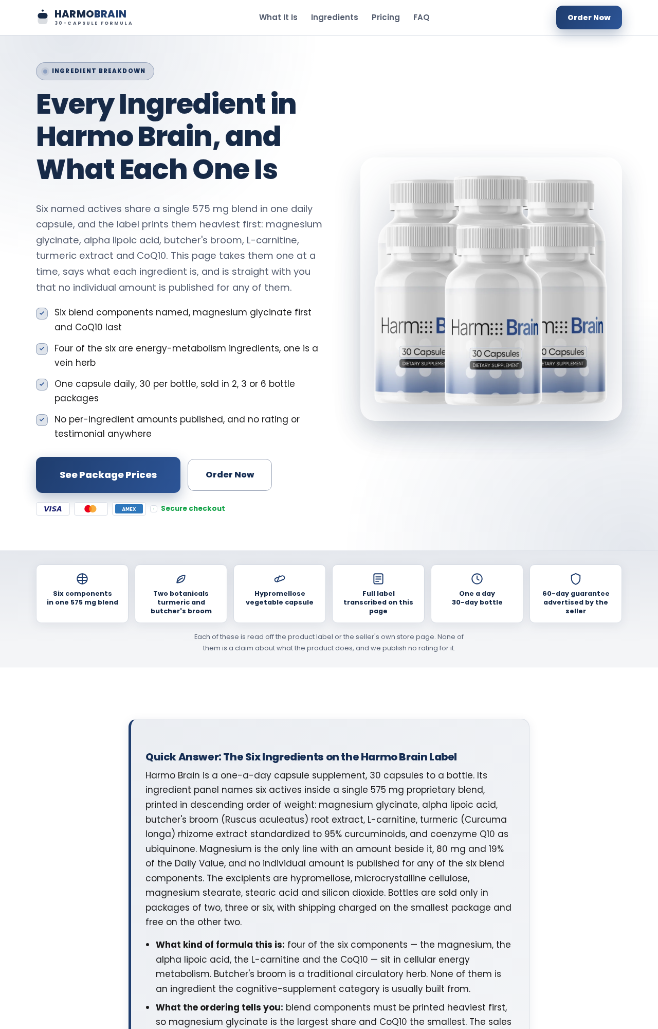 Harm Brain Capsules Reviews Exposed: Fake or Real? Full Investigation 1 Harmo Brain sales page showing 30-capsule bottles and six ingredients sharing a 575 mg blend