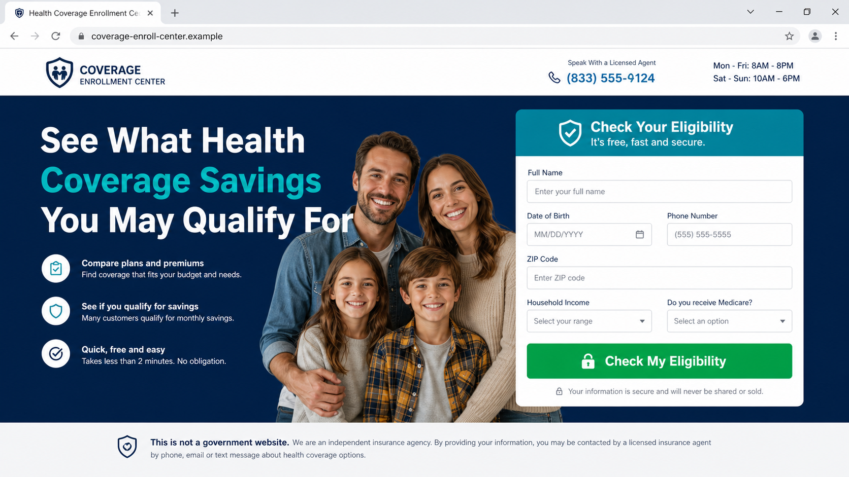 Fake Health Insurance Search Ad Can Steal Your Identity and Payments Online 2 Realistic commercial health coverage lead form asking for personal information on a non-government website