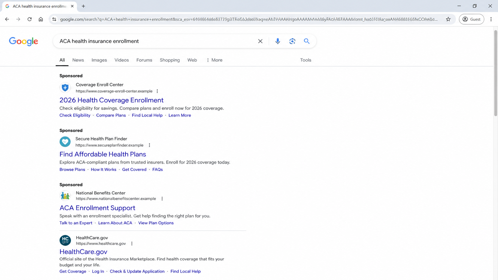 Fake Health Insurance Search Ad Can Steal Your Identity and Payments Online 1 Realistic search results showing sponsored health insurance listings above the genuine HealthCare.gov result