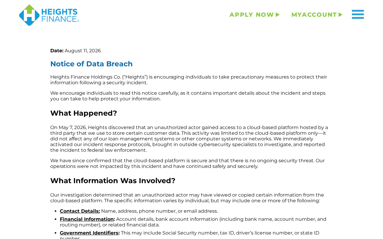 Heights Finance Data Breach Exposes SSNs and Sensitive Bank Information 1 Official Heights Finance notice of data breach
