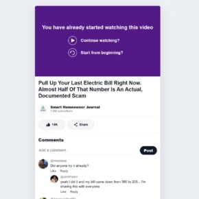 HiddenPowerLoss fake YouTube-style video page with Smart Homeowner Journal and fabricated electricity bill comments