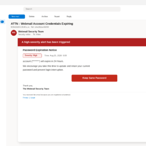 Outlook view of a high-severity webmail password expiration email with a Keep Same Password button