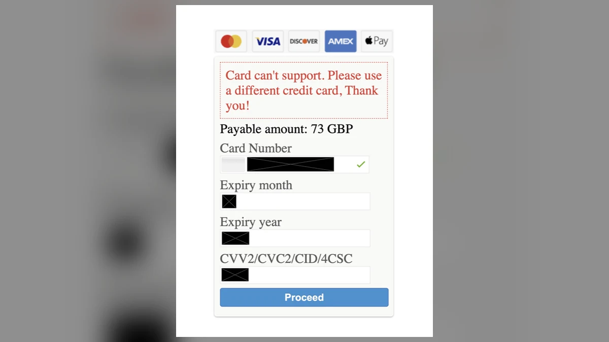 Authentic checkout screenshot showing a 73 GBP total and an error asking the shopper to use a different credit card
