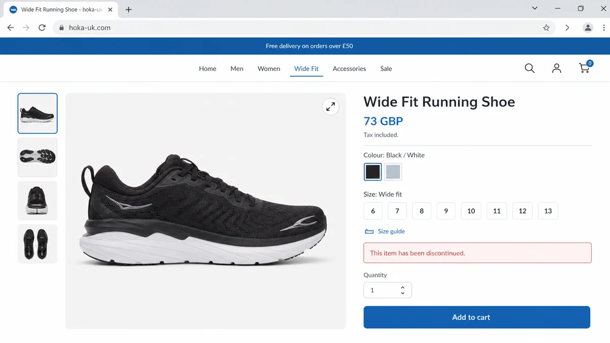 Realistic reconstruction of the fake Hoka UK store offering a discontinued wide-fit running shoe for 73 GBP