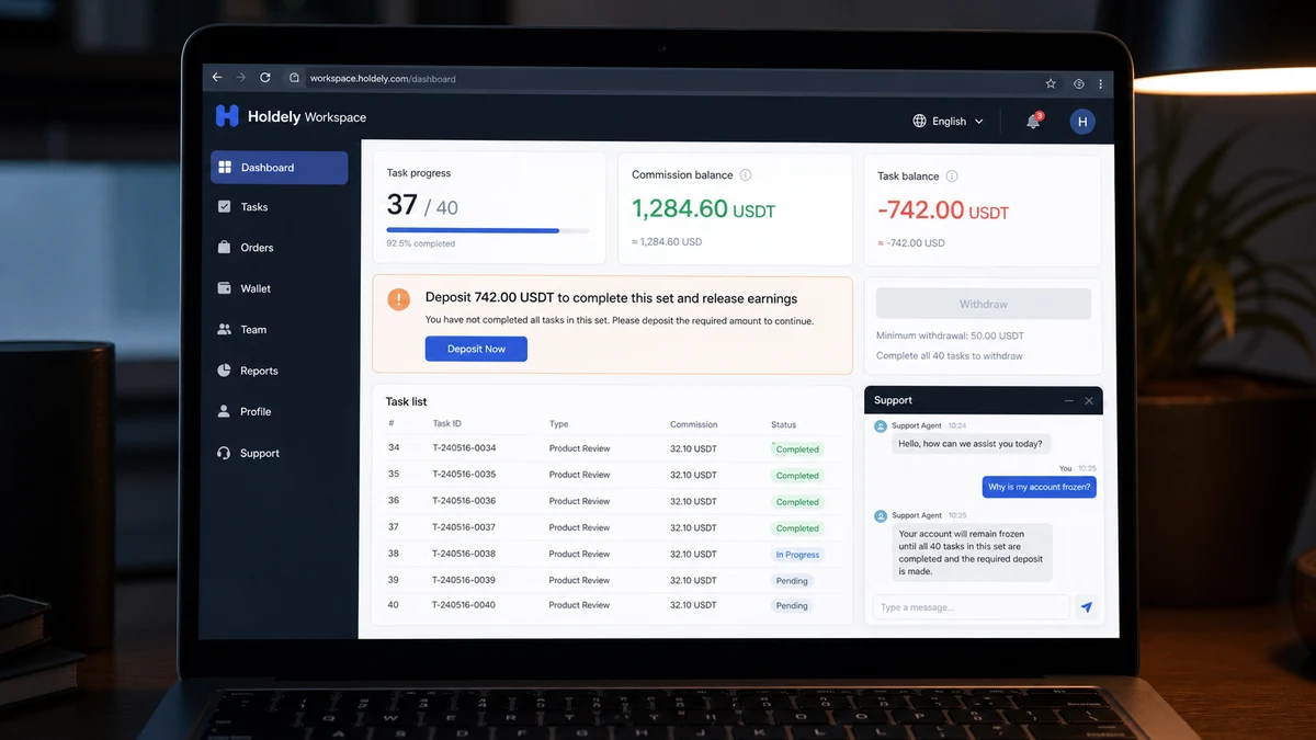 Realistic reconstruction of a Holdely task dashboard freezing a USDT balance at task 37 of 40