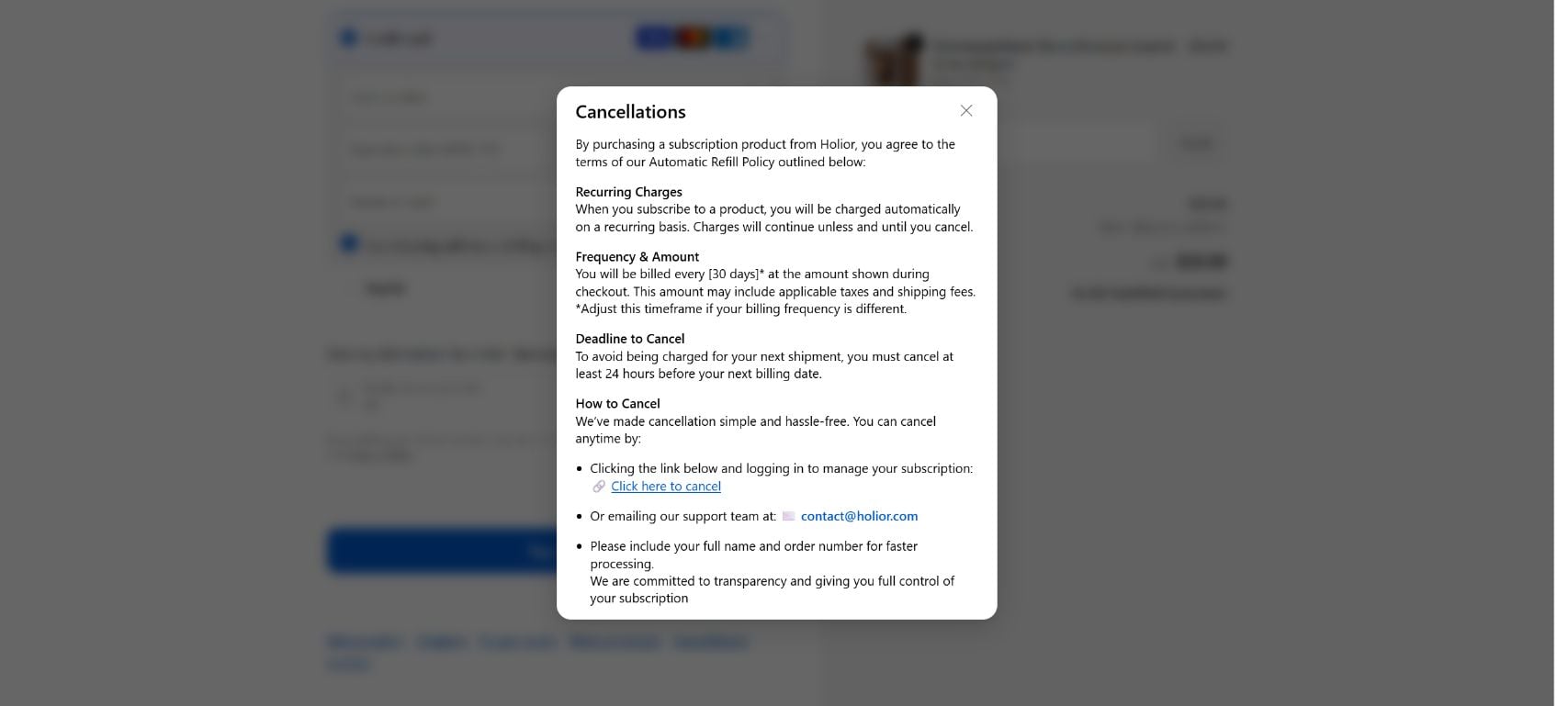 Holior subscription cancellation policy with unfinished template text
