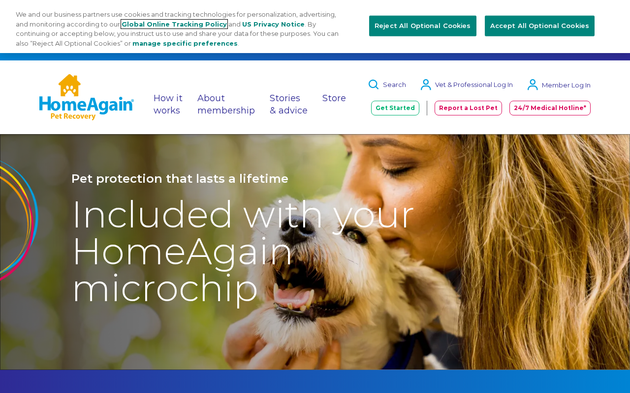 Official HomeAgain page stating what is included with your HomeAgain microchip