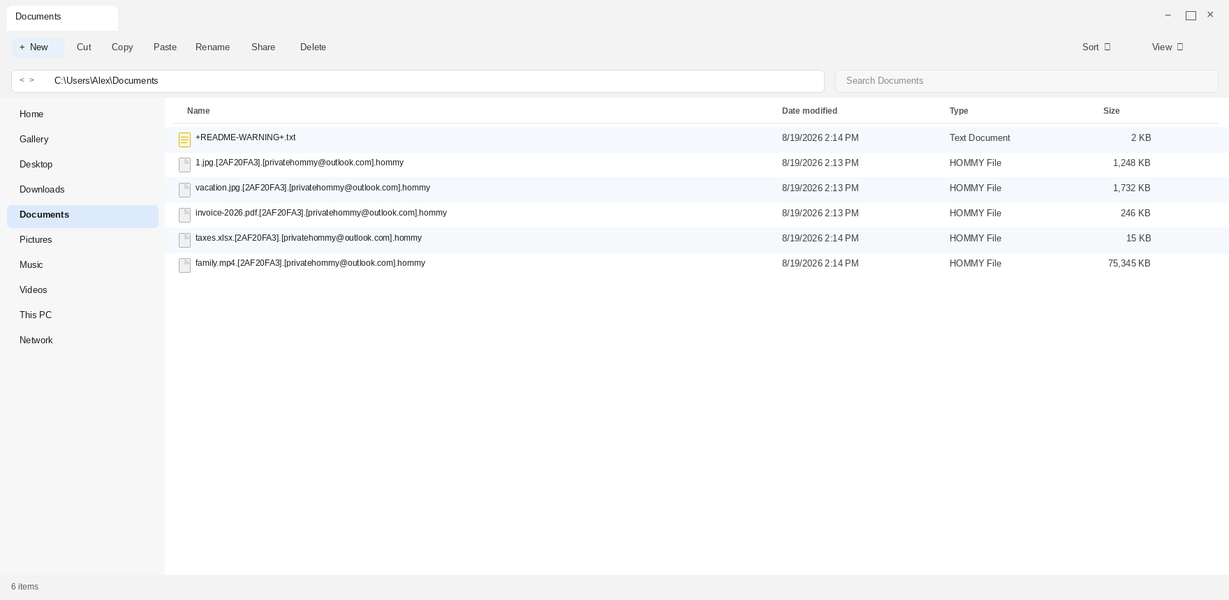 Encrypted files after Hommy. The .hommy names and +README-WARNING+.txt are the tell.