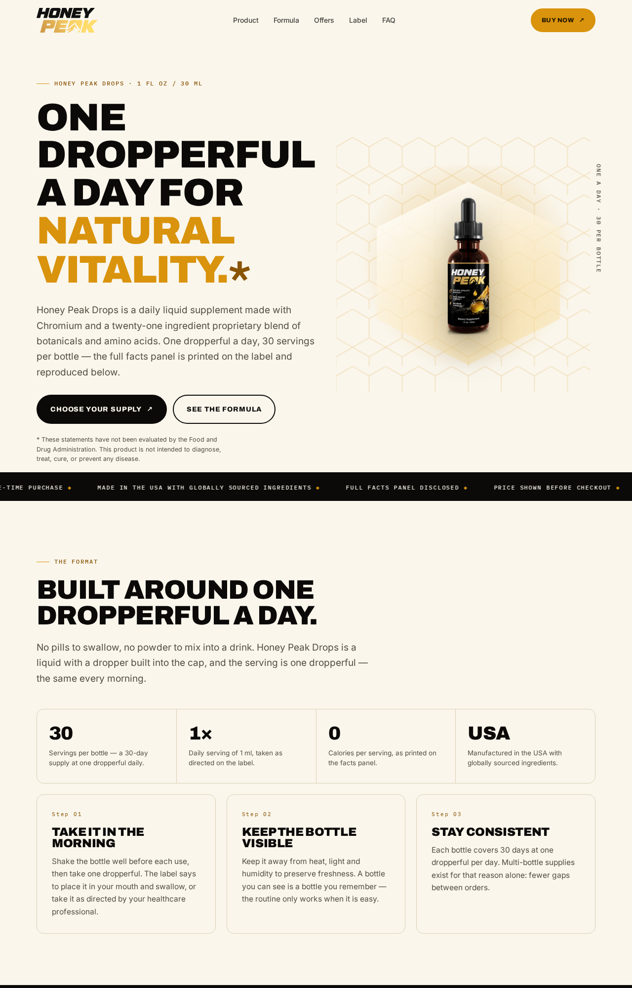 Honey Peak Drops product page advertising a daily liquid supplement for vitality
