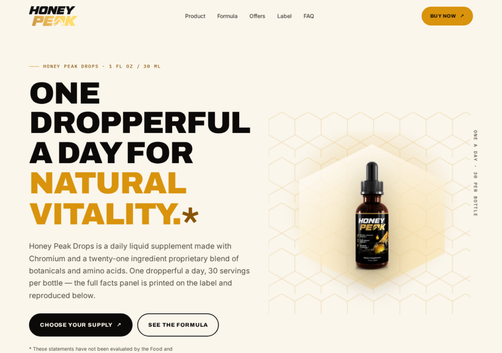 Screenshot of the Honey Peak Drops supplement landing page
