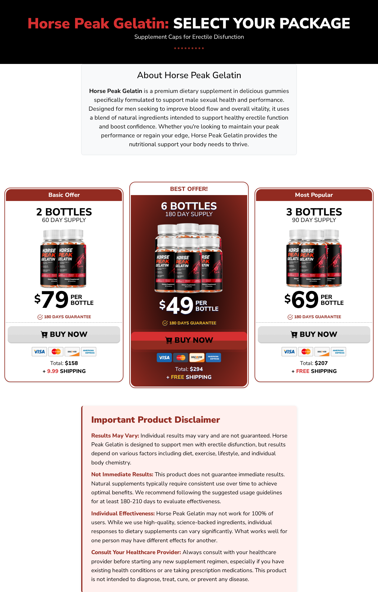 Horse Peak Gelatin Reviews Exposed: Fake or Real? Full Investigation 2026 1 Horse Peak Gelatin sales page showing erectile dysfunction claims and multi-bottle packages