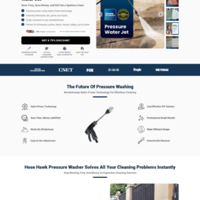 Hose Hawk Pro sales page claiming a garden hose nozzle works like a pressure washer