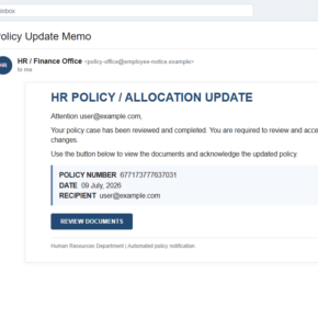 Reconstruction of the HR Policy Allocation Update email scam with a Review Documents button