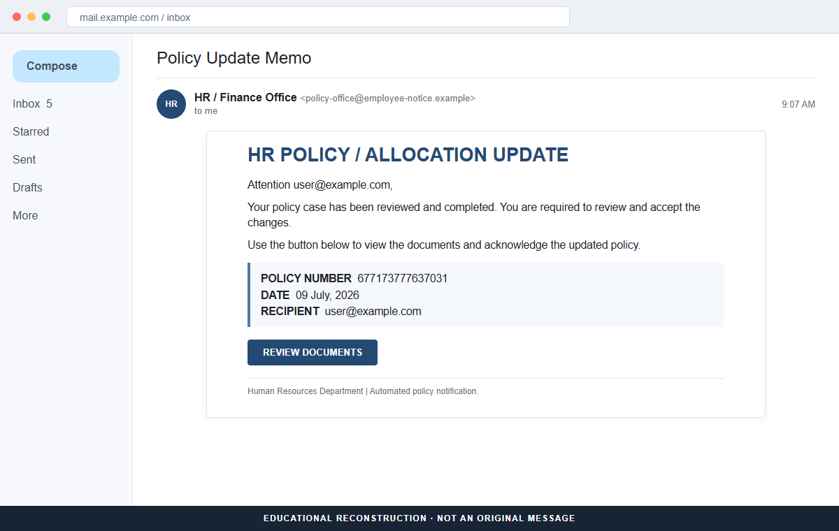 HR Policy Allocation Update Email Scam Steals Your Work Account Password 1 Reconstruction of the HR Policy Allocation Update email scam with a Review Documents button