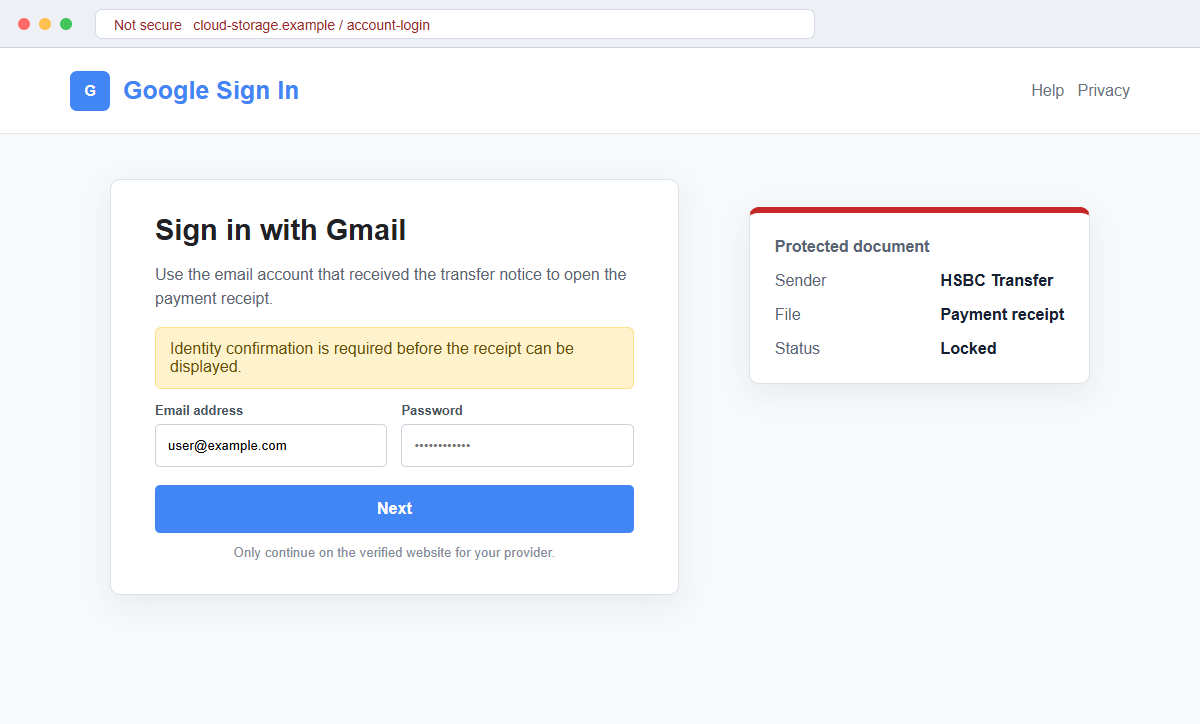 HSBC Money Transfer Completed Email Scam Steals Your Gmail Account Login 2 Reconstruction of a fake Gmail login page used to unlock a supposed HSBC payment receipt