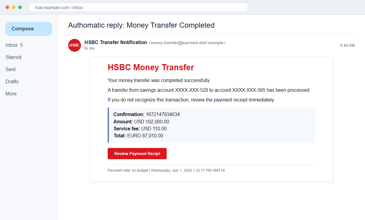 HSBC Money Transfer Completed Email Scam Steals Your Gmail Account Login 1 Reconstruction of the HSBC Money Transfer Completed phishing email claiming a $102,000 transfer