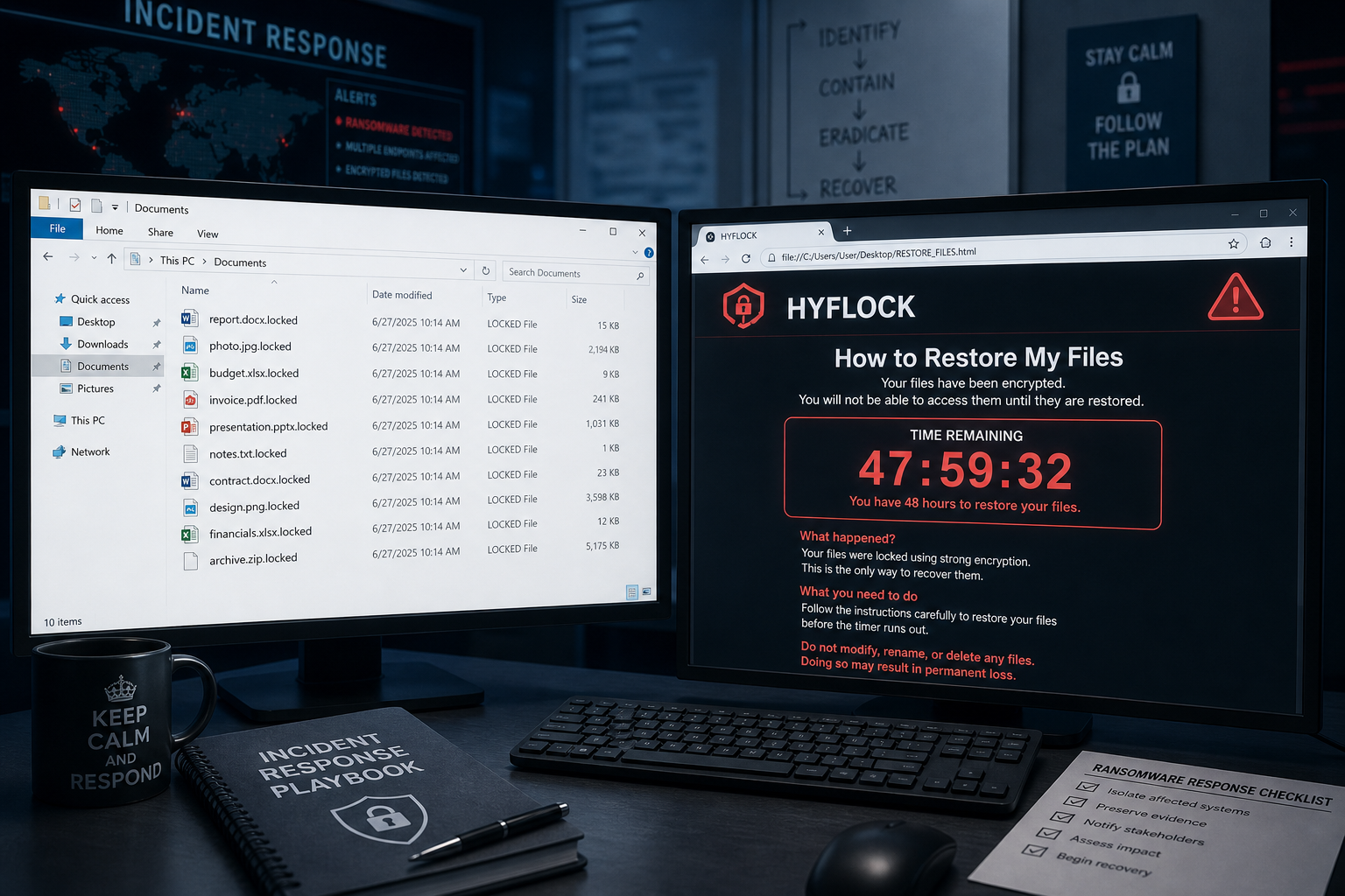 Windows files encrypted with the .locked extension beside a HYFLOCK ransom note