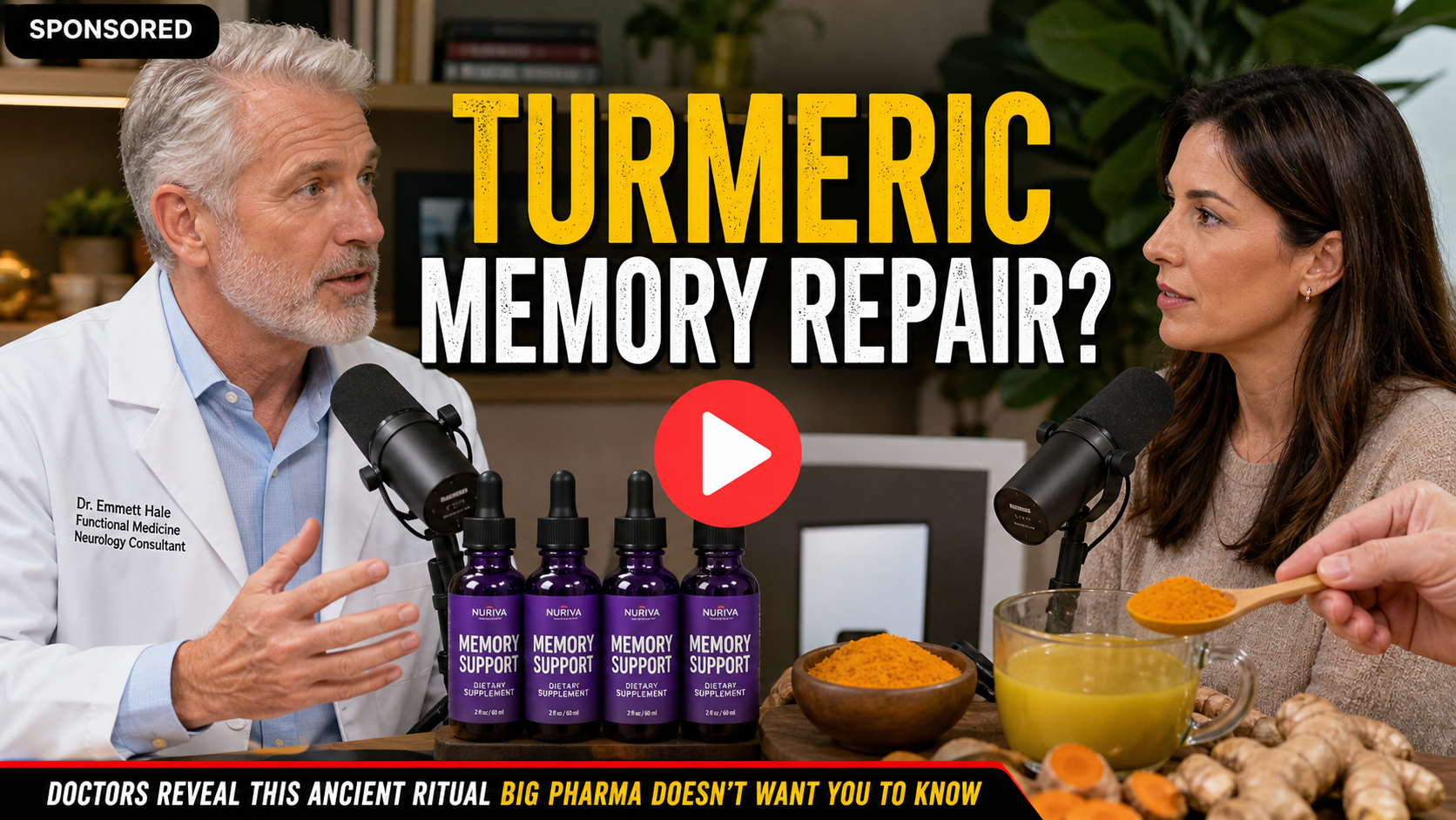 Realistic example of a fake turmeric memory repair advertisement using fictional presenters