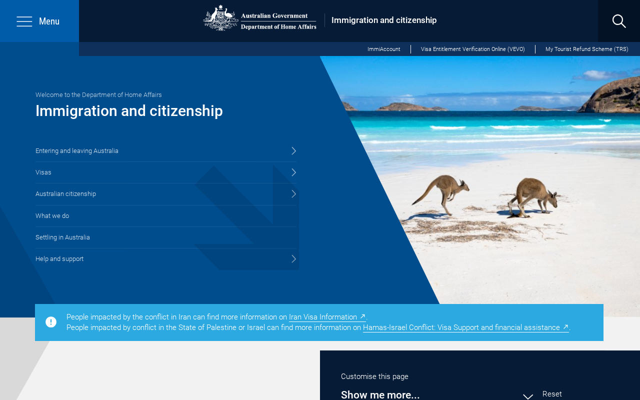 Official Department of Home Affairs immigration and citizenship homepage at immi.homeaffairs.gov.au