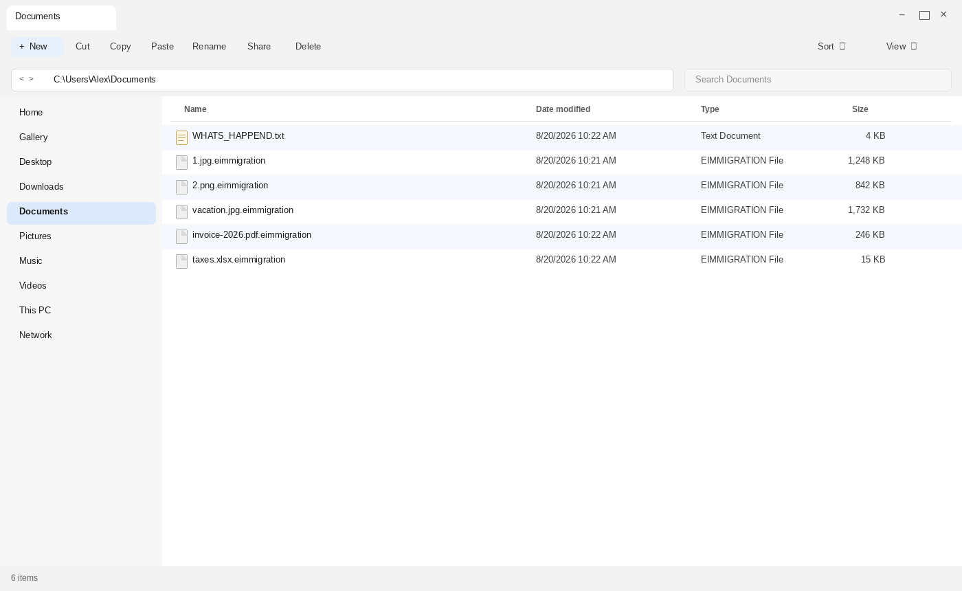 Encrypted files after Immigration. The .eimmigration names and WHATS_HAPPEND.txt are the tell.
