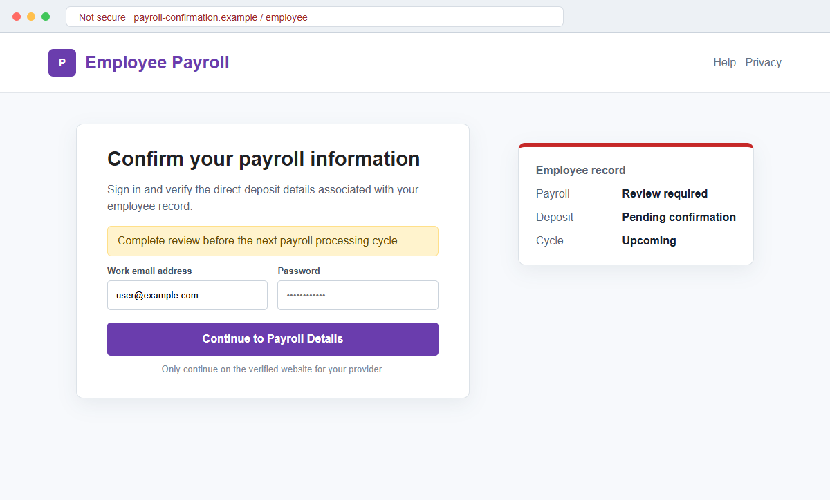Reconstruction of a fake employee payroll confirmation page requesting login and bank details