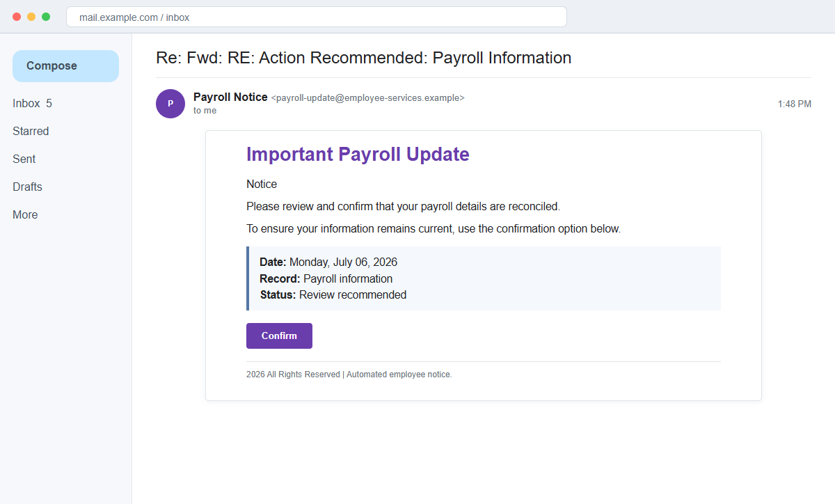 Reconstruction of the Important Payroll Update email scam with a Confirm button