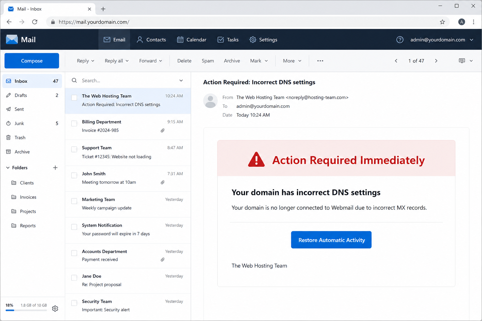 Reconstruction of the incorrect DNS settings phishing email