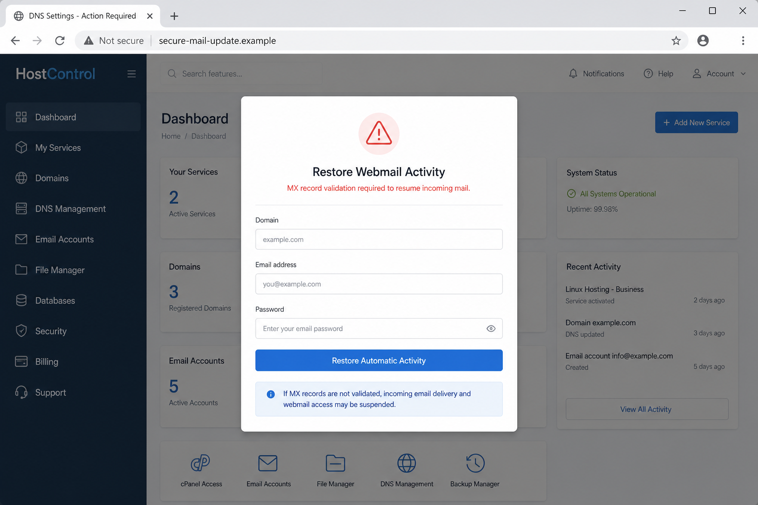 Reconstruction of a fake webmail restoration login form