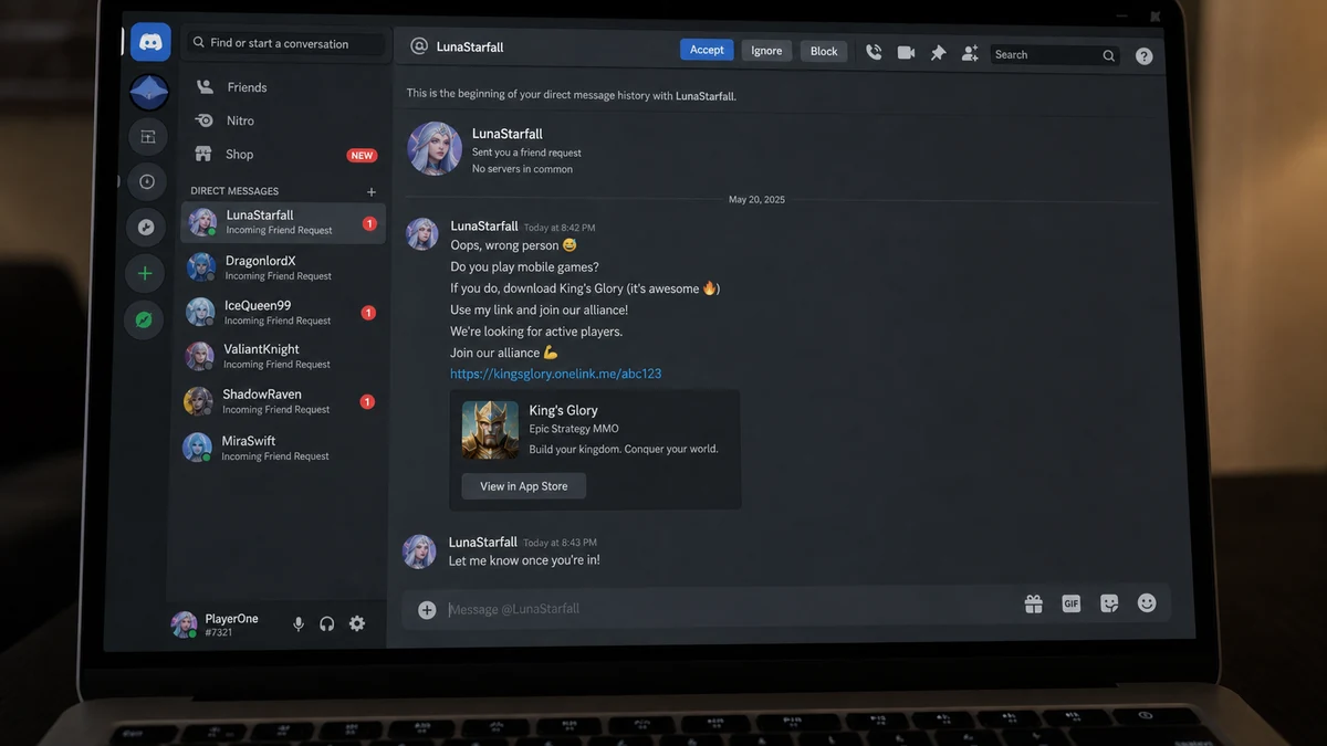 Infinity Kingdom Recruiter Scam Starts With a Friend 2 Realistic reconstruction of repeated Discord friend requests using an accidental-message excuse to promote a mobile alliance game