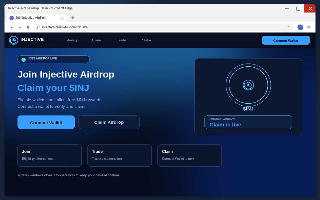 Injective Airdrop EXPOSED: Fake $INJ Claim Pages Drain Wallets 1 Fake Injective airdrop claim page with Connect Wallet