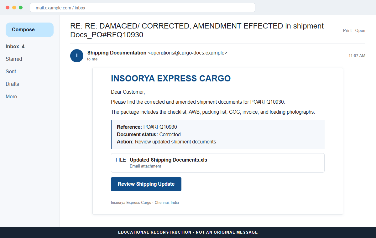 Reconstruction of the Insoorya Express Cargo email scam carrying a malicious Excel attachment