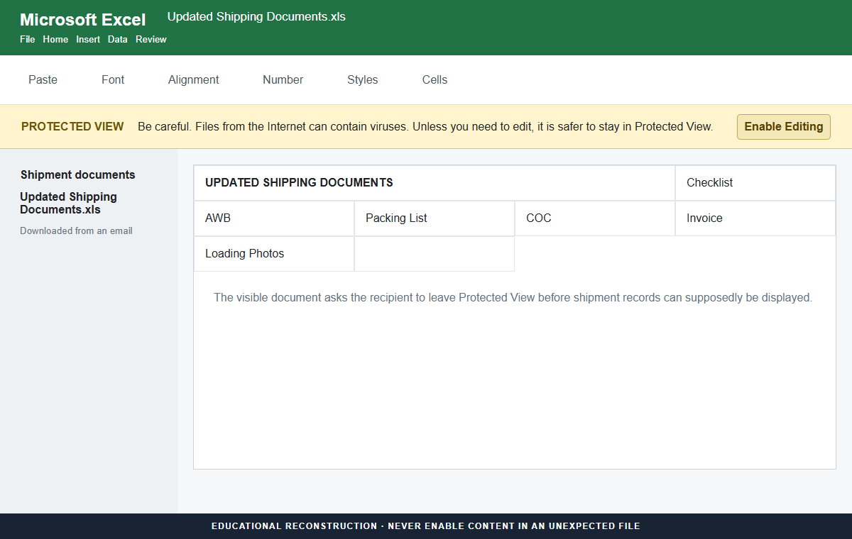 Reconstruction of the malicious Updated Shipping Documents Excel file in Protected View