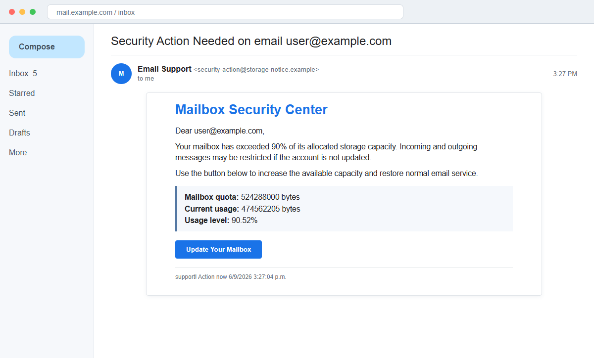 Insufficient Email Capacity Scam Can Steal Your Gmail Account Password 1 Reconstruction of the Insufficient Email Capacity phishing email