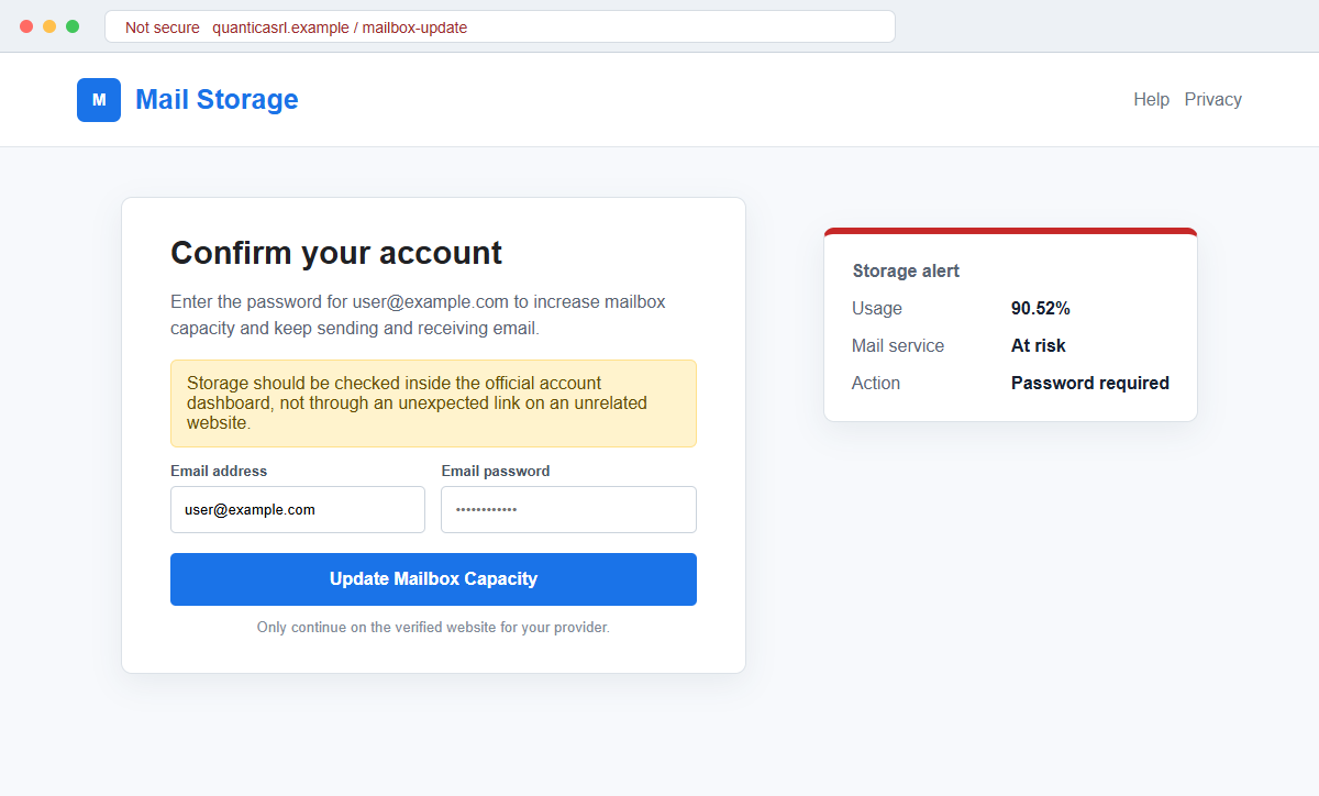 Insufficient Email Capacity Scam Can Steal Your Gmail Account Password 2 Reconstruction of the fake Gmail-style password page used by the mailbox capacity scam