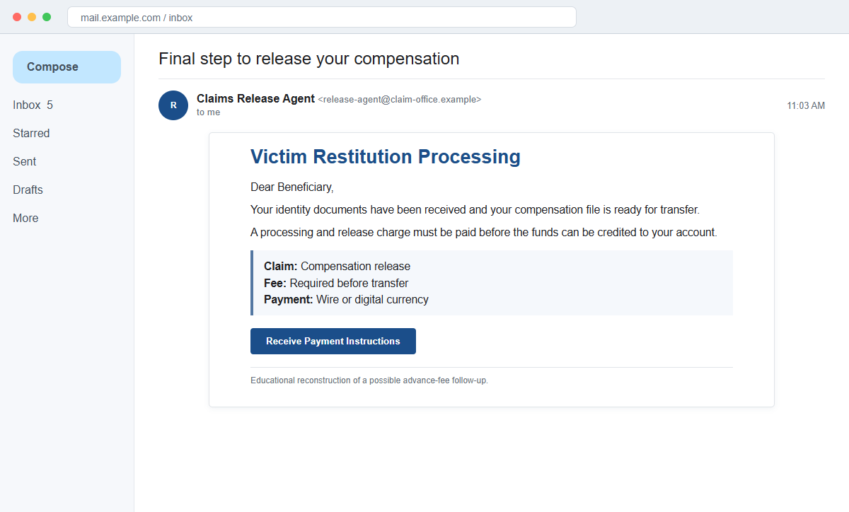Internet Fraud Victim Compensation Email Scam Promises a Fake $4.6 Million 2 Reconstruction of a follow-up compensation email requesting identity documents and a processing fee