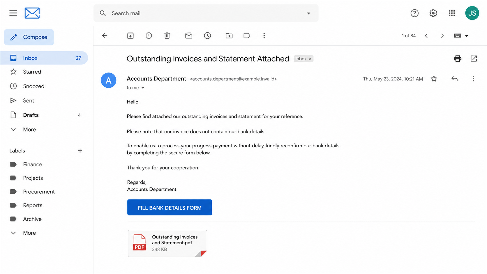 Reconstructed Invoice Missing Your Company's Bank Details scam email