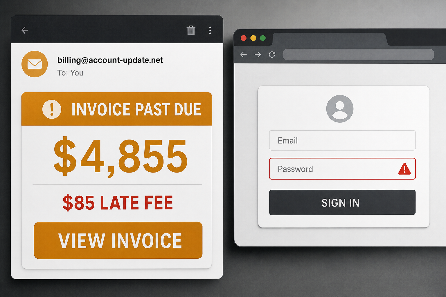 Invoice Is Past Due Email Scam: The $4,855 Bill That Steals Your Password 1 Past-due invoice phishing email leading to a counterfeit email login