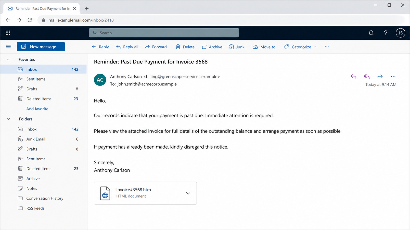 Reconstructed Invoice Payment Is Past Due phishing email