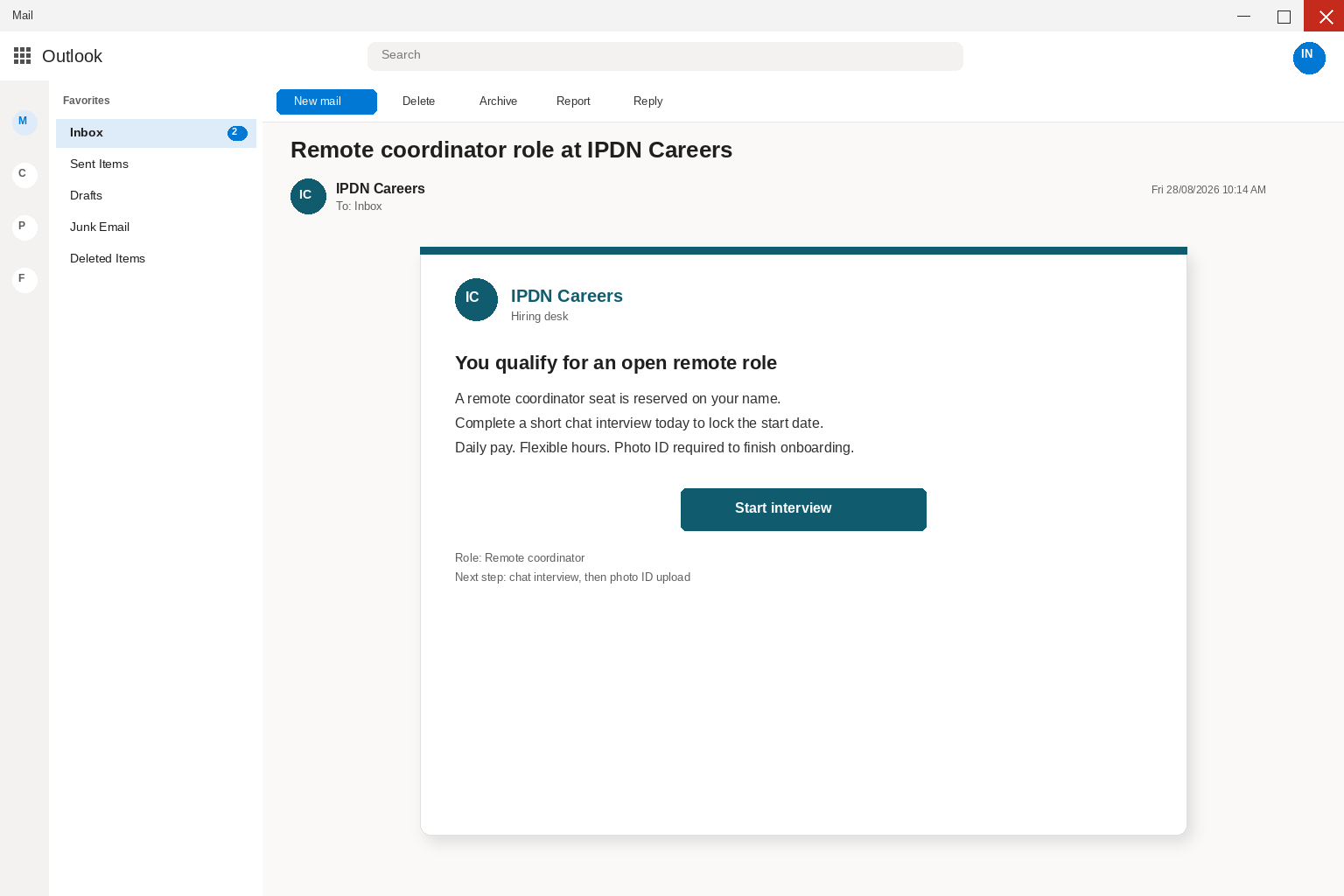 IPDN Careers email with a Start interview button that leads to an ID upload
