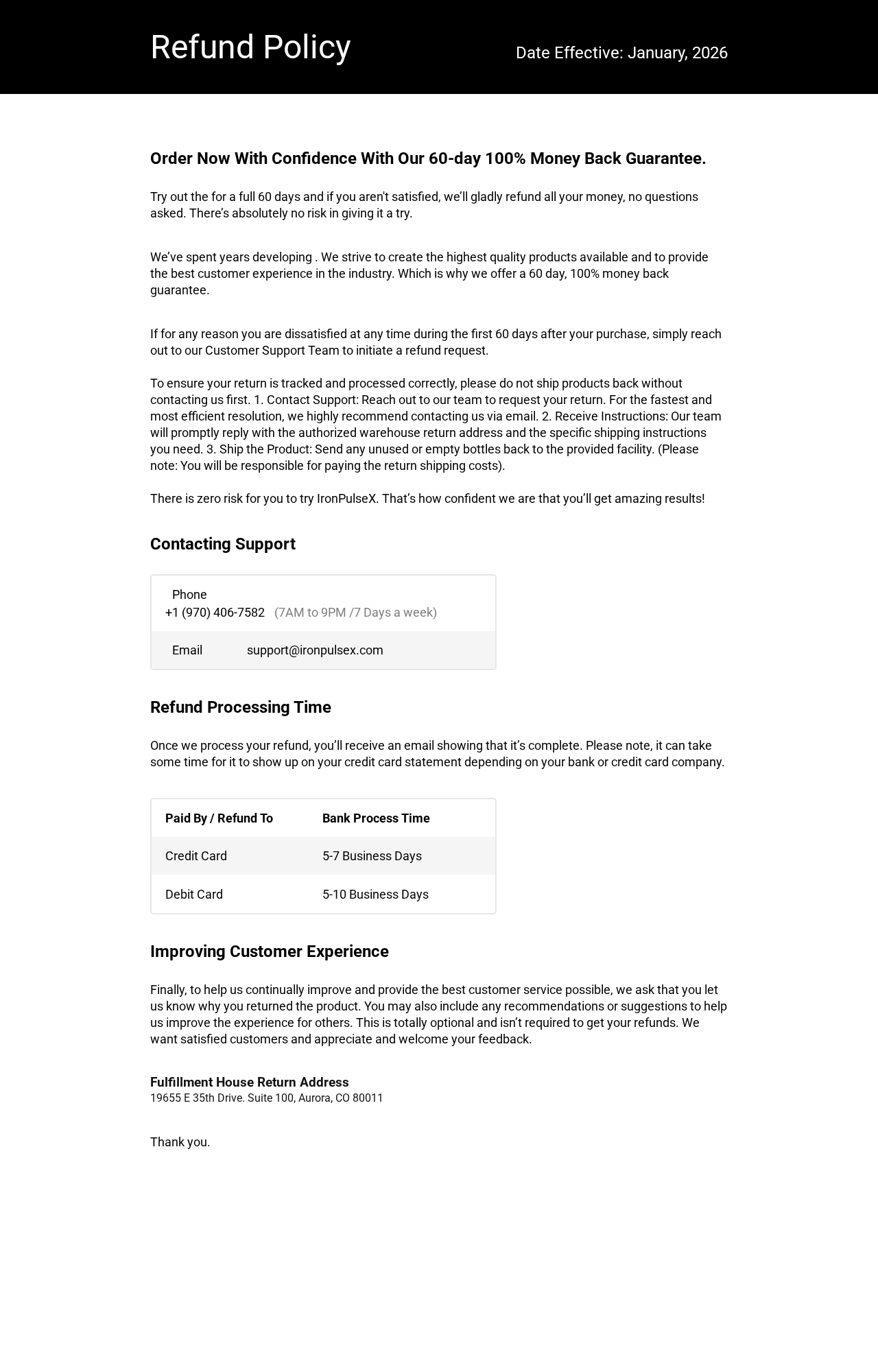 IronPulseX Reviews Exposed: Fake or Real? Full Scam Investigation 2026 3 IronPulseX refund policy listing a support number and Aurora fulfillment return address
