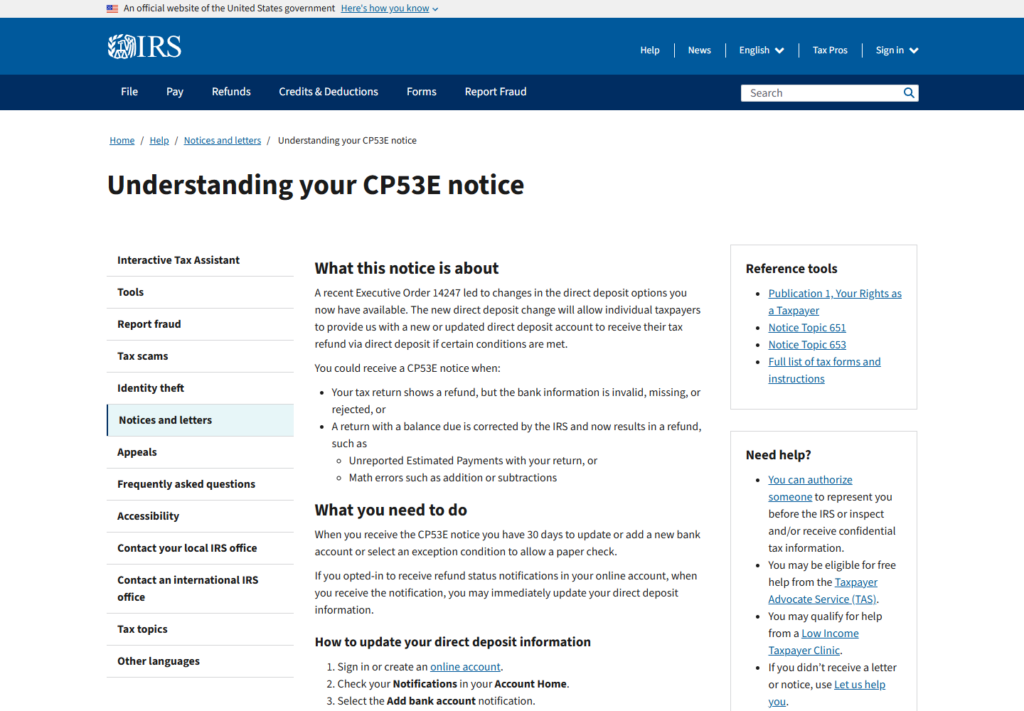 IRS CP53E Scam: A Real Letter Became a Phishing Trap 2 Official IRS page explaining the CP53E refund direct deposit notice
