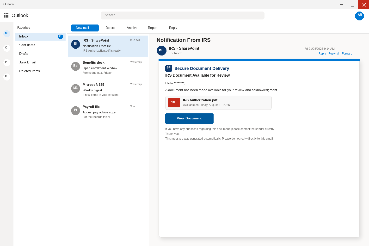 IRS document available email scam screenshot