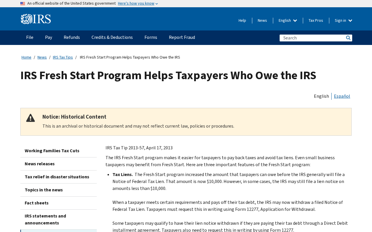 IRS.gov historical page titled IRS Fresh Start Program Helps Taxpayers Who Owe the IRS