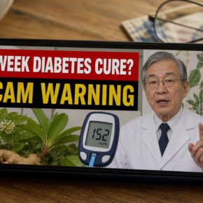 Scam warning illustration of a fake Japanese doctor video advertising a rapid diabetes cure