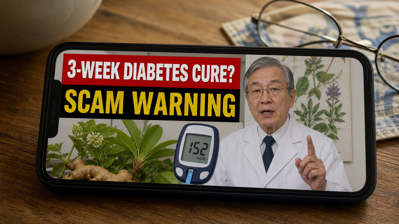 Japanese Plant Diabetes Cure Exposed: Fake or Real? Full Investigation 1 Scam warning illustration of a fake Japanese doctor video advertising a rapid diabetes cure