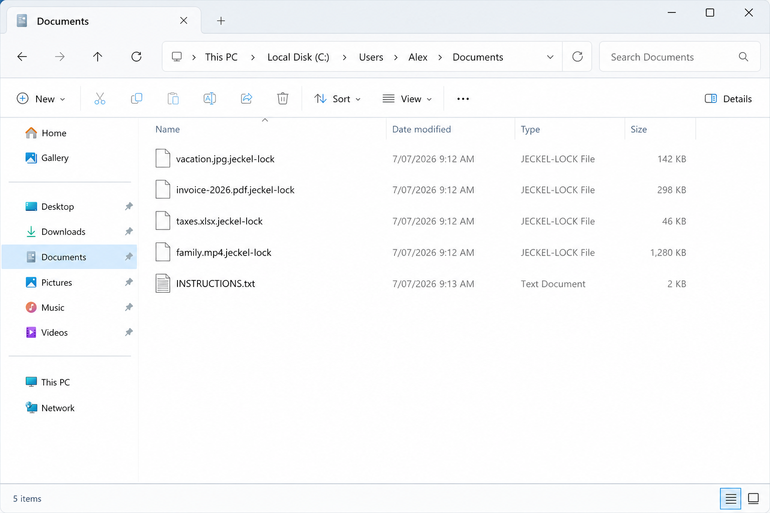 Encrypted files after Jeckel. The .jeckel-lock names and INSTRUCTIONS.txt are the tell.