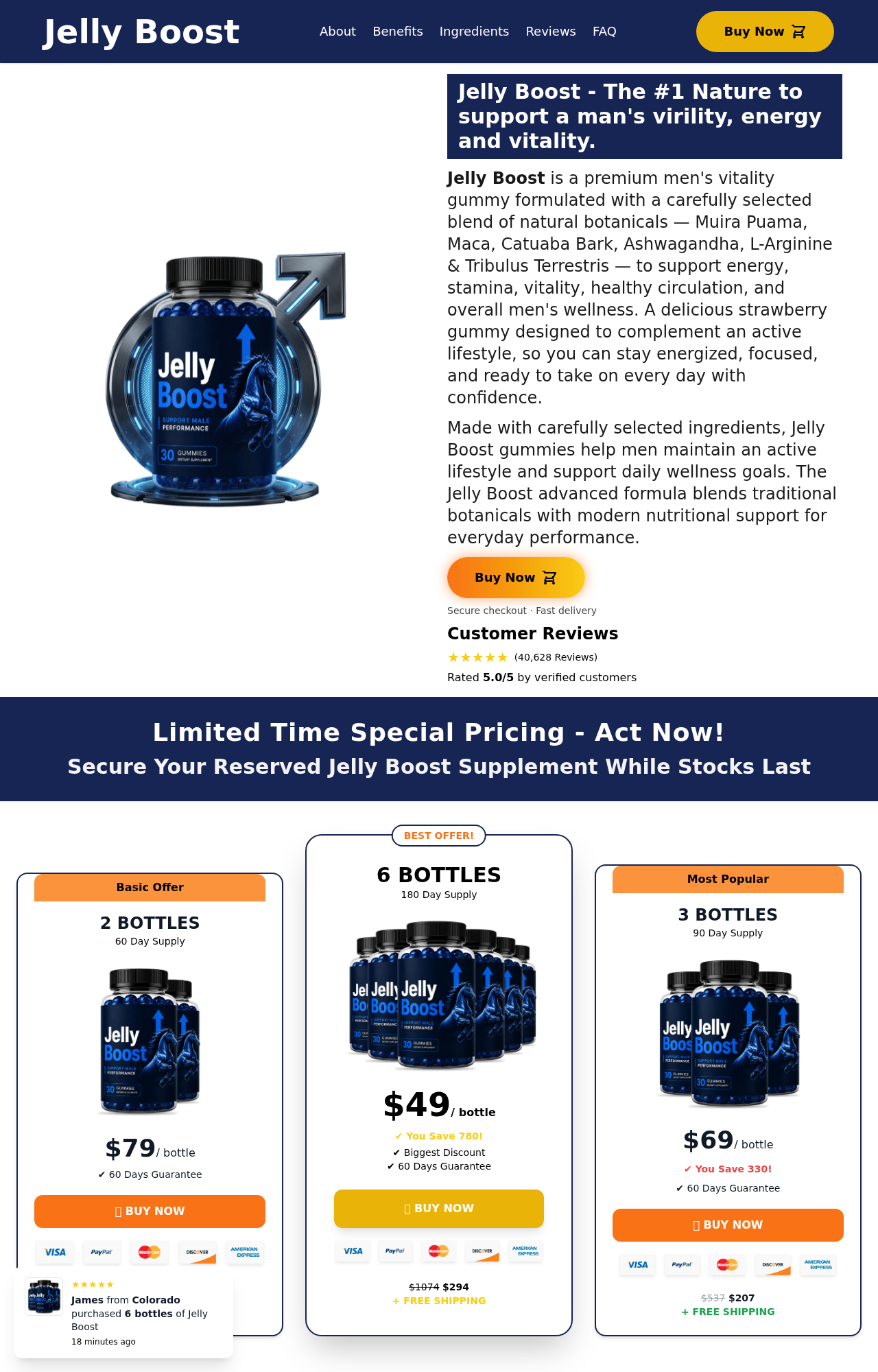 Jelly Boost Gummies affiliate page promoting male vitality and multi-bottle packages